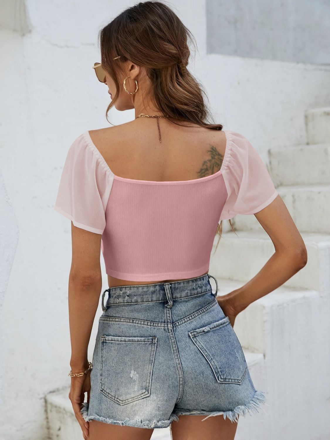 Drawstring Short Sleeve Crop Top