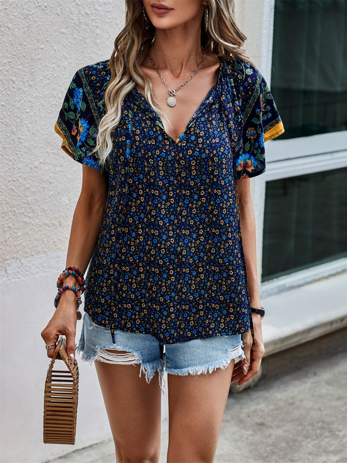 Tied Printed Short Sleeve Blouse