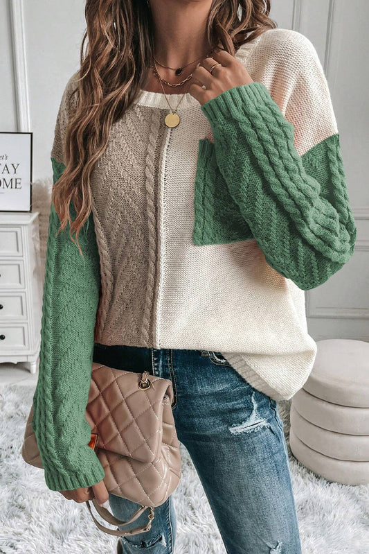 Color Block Round Neck Long Sleeve Sweater