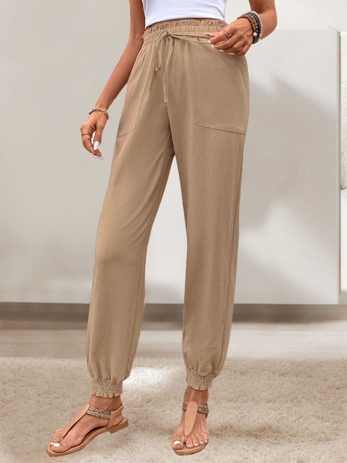 Tied Elastic Waist Pants with Pockets