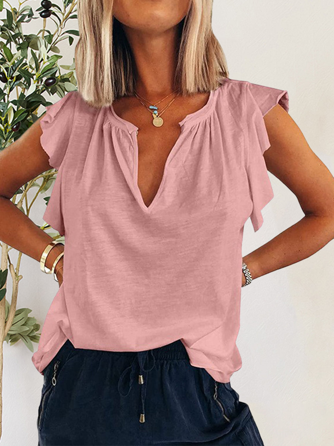 Ruffled Notched Cap Sleeve T-Shirt