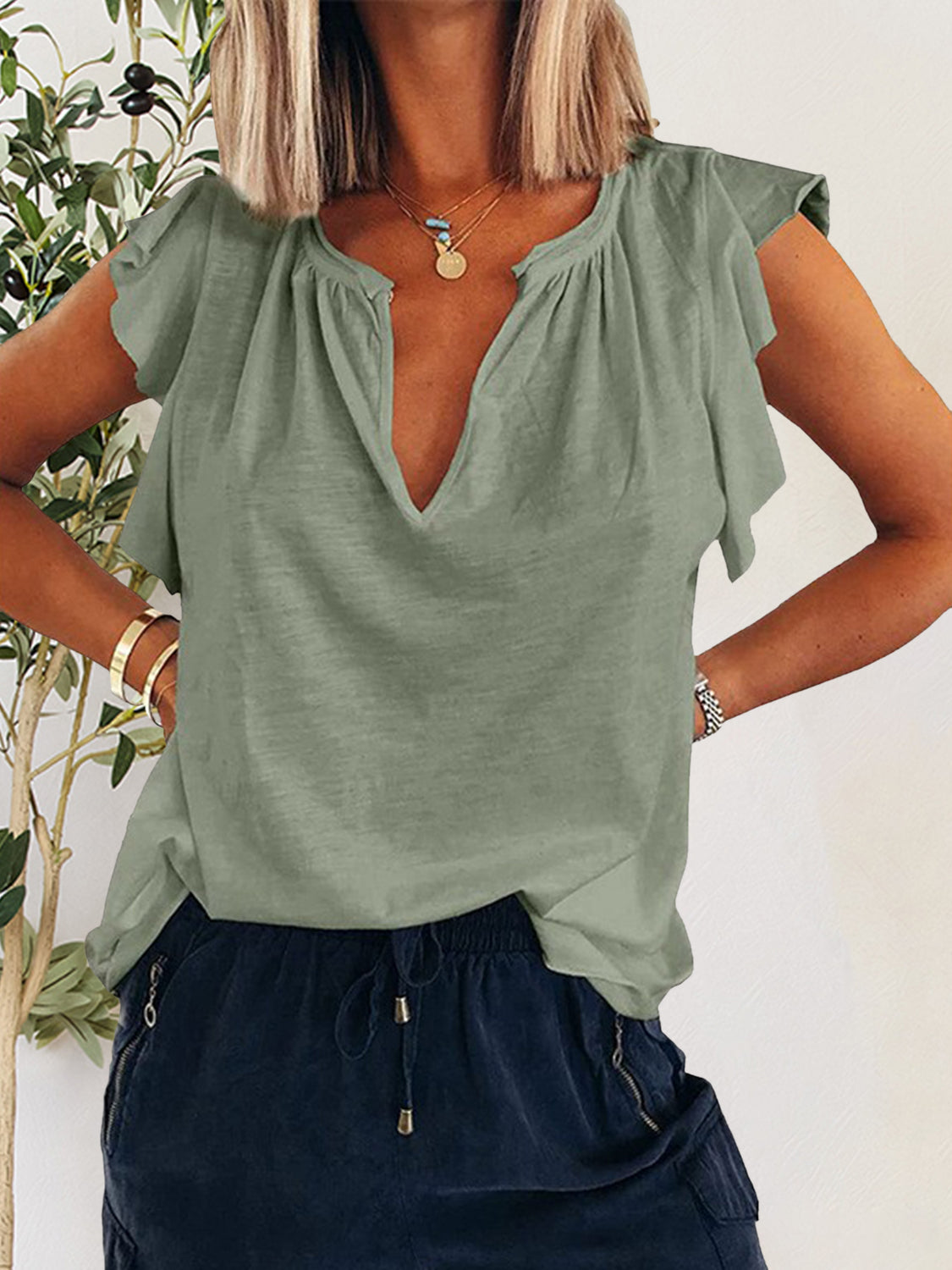 Ruffled Notched Cap Sleeve T-Shirt