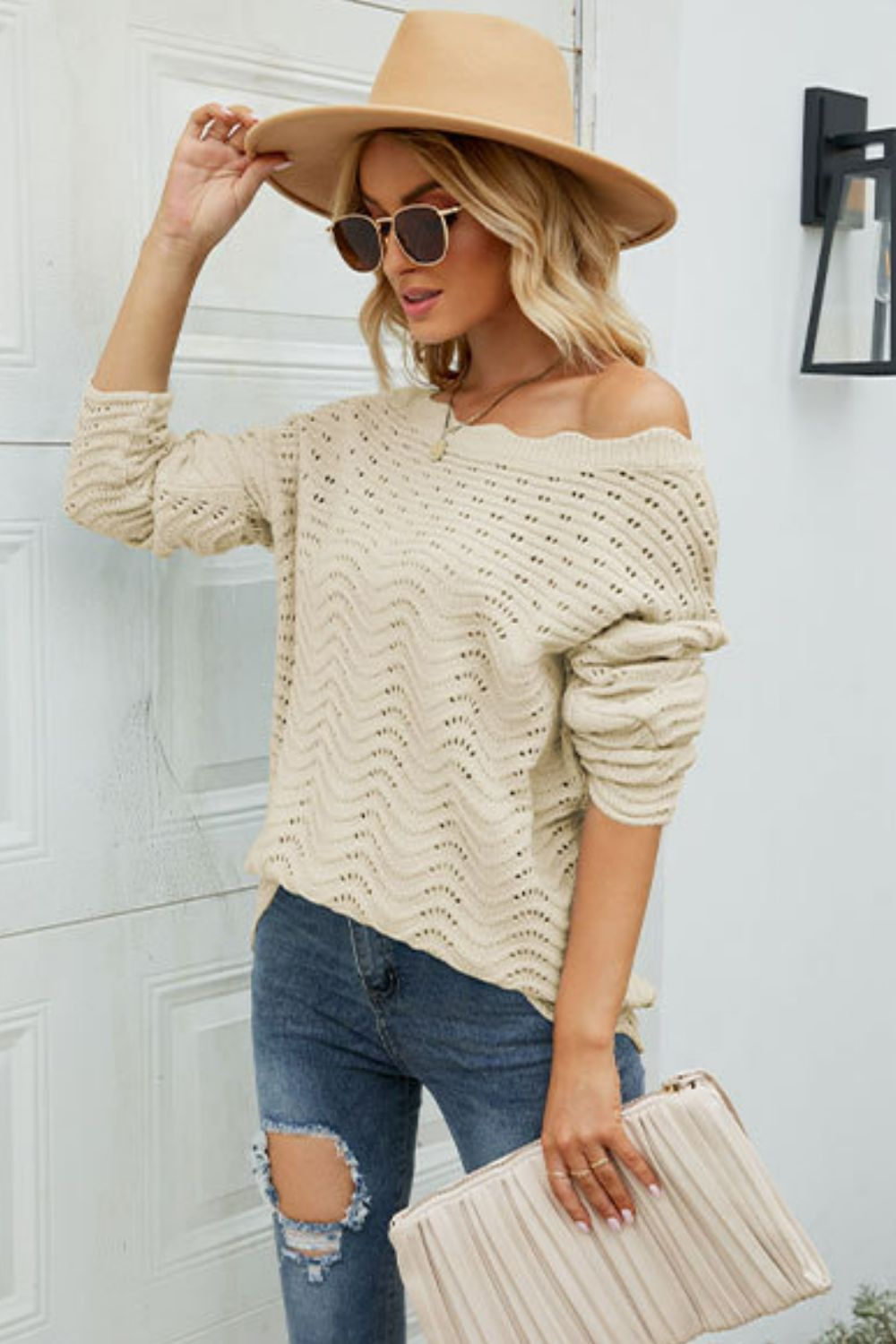 Scalloped Boat Neck Openwork Tunic Sweater