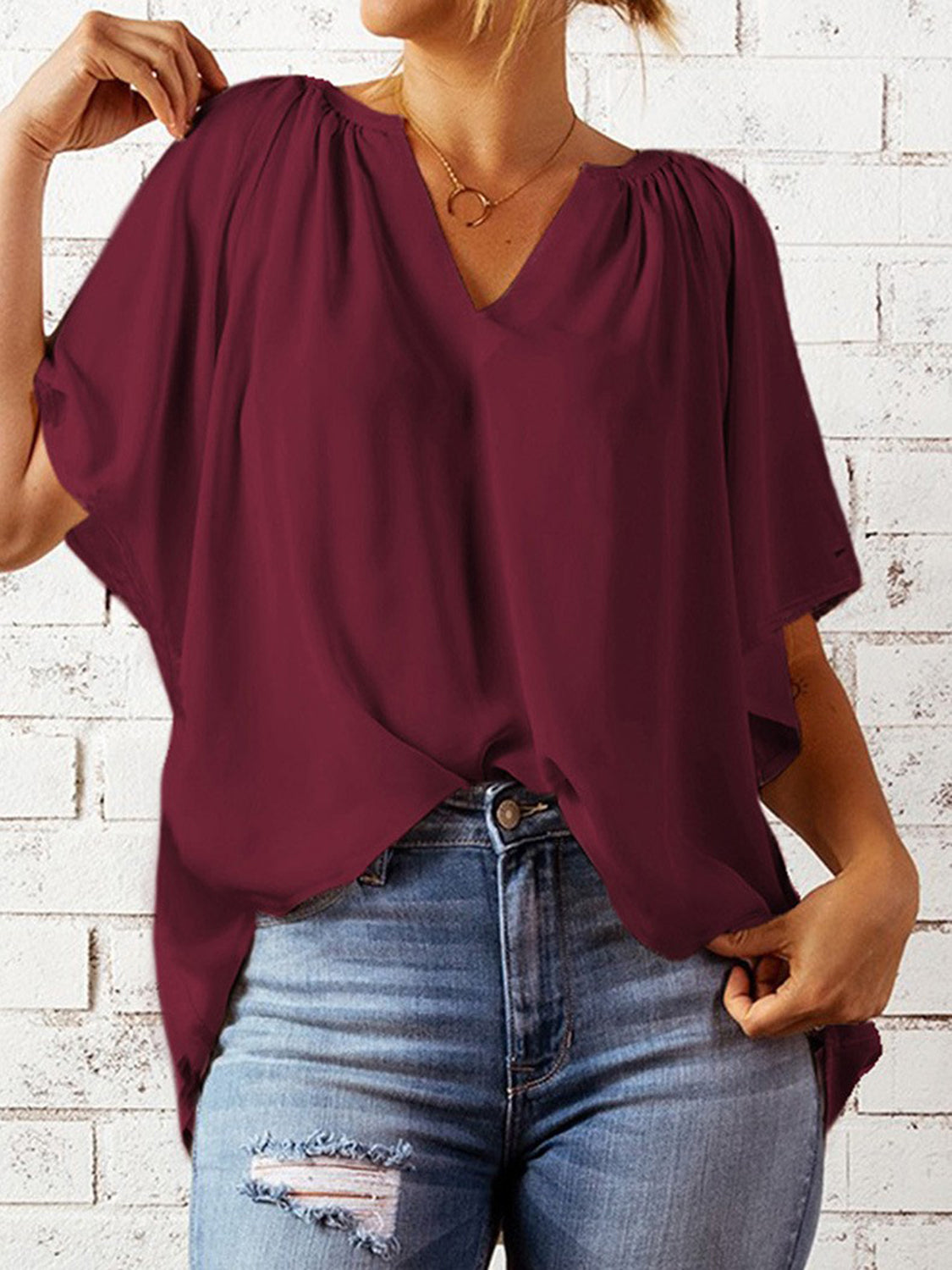 Ruched Notched Half Sleeve Blouse