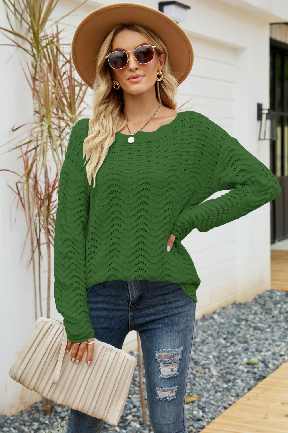 Scalloped Boat Neck Openwork Tunic Sweater