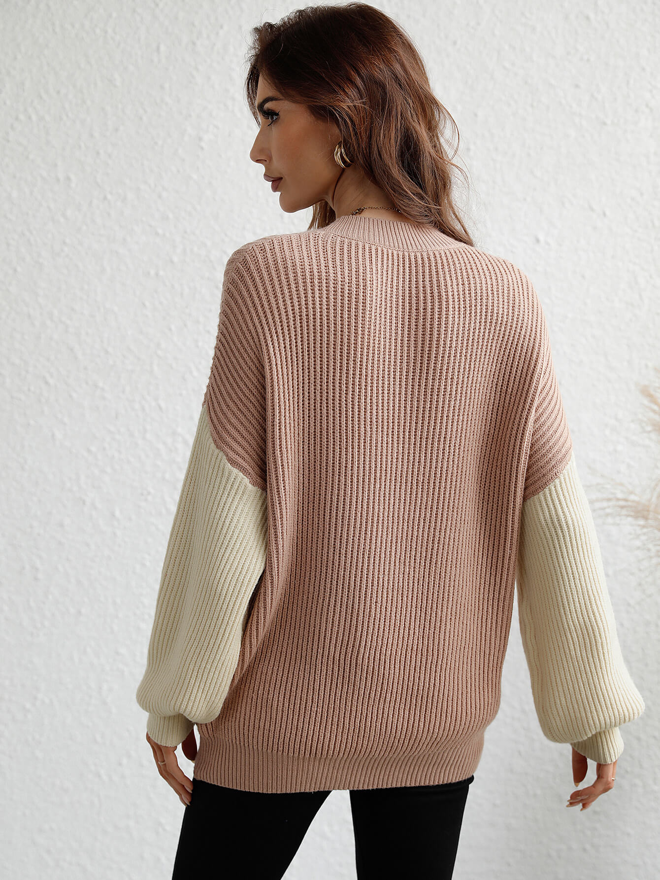 Two-Tone Rib-Knit Dropped Shoulder Sweater