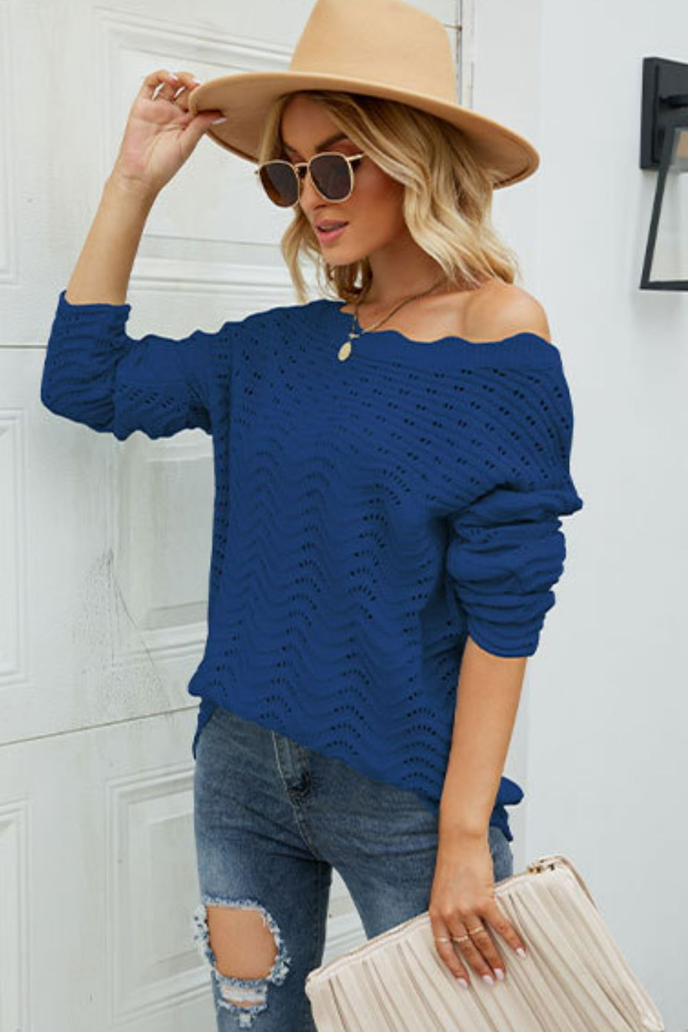 Scalloped Boat Neck Openwork Tunic Sweater